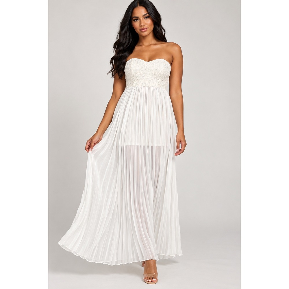 Janice White Sequin Sweetheart Strapless Pleated Maxi Dress Small Formal Bridal